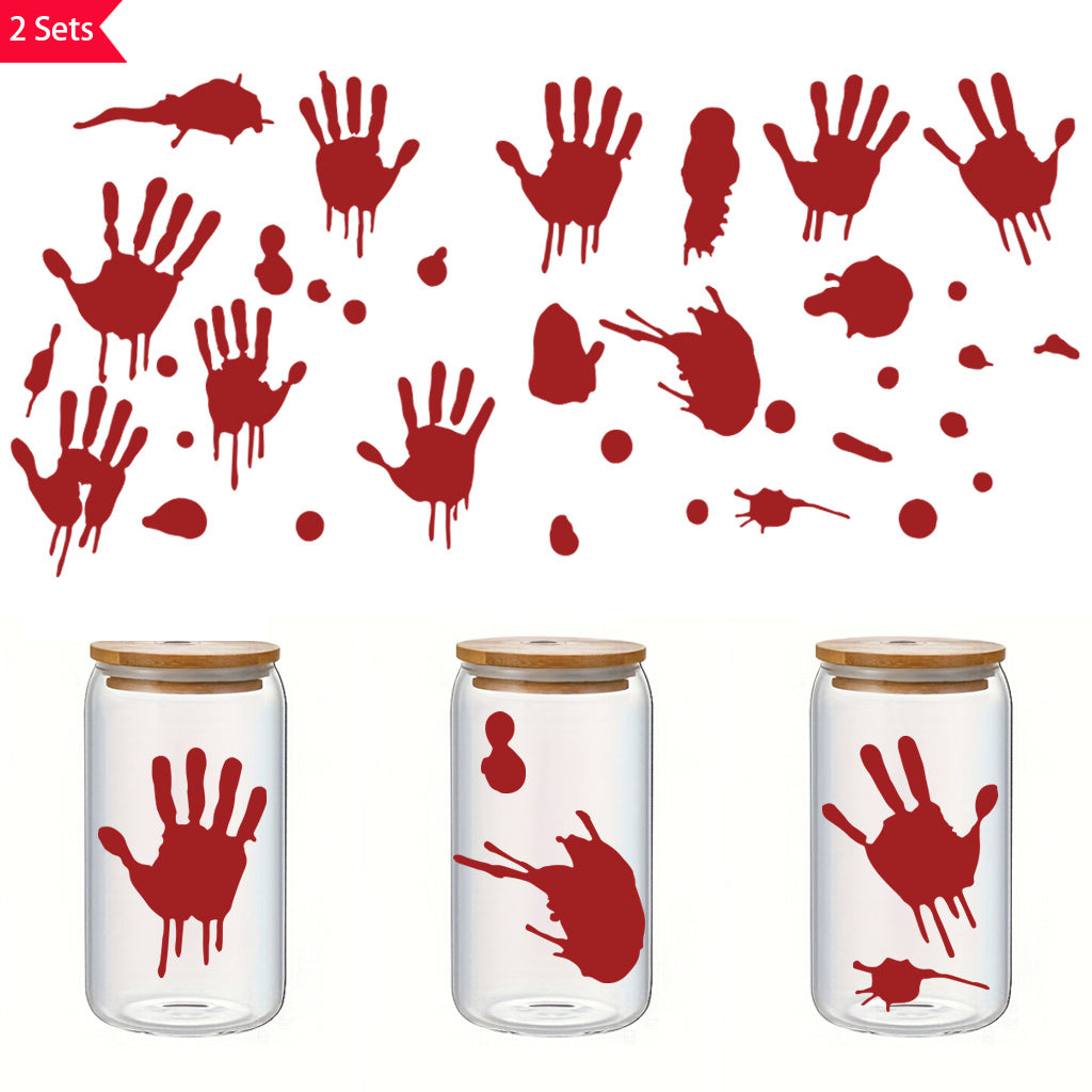 2套 万圣节恐怖血手印转印水晶贴纸 自粘可拆卸DIY创意防水转印 UV DTF水晶贴纸 适用于水杯 储物柜 玻璃 金属装饰等