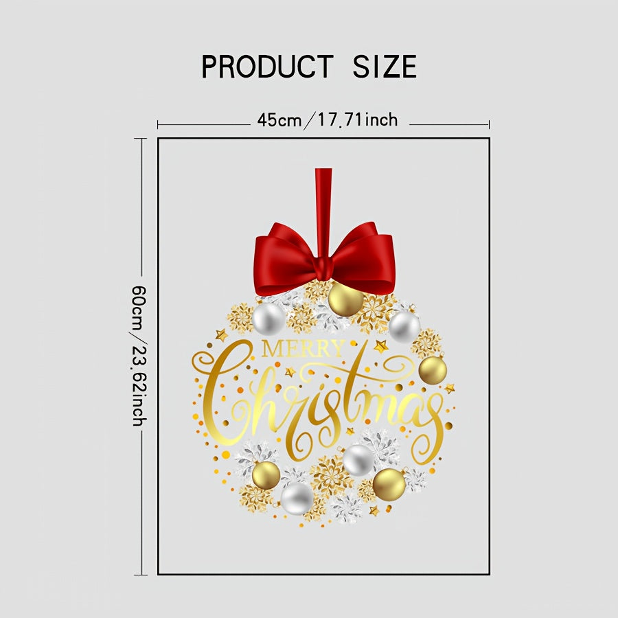 A set of Elegant Christmas decorations, glass stickers with a gorgeous gold and red bow design, featuring the words 'Merry Christmas, ' add a luxurious and festive touch to home decor. They are statically adhered, waterproof, and reusable.