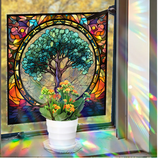 1pc Vibrant stained glass Tree of Life static cling window sticker with exquisite colorful artistic style, combining the elegance of plants, making it a beautiful decoration for art enthusiasts who appreciate the timeless beauty of stained glass.