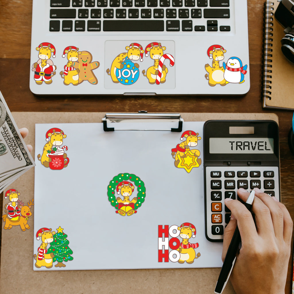 3套 快乐过圣诞可爱卡通长颈鹿转印水晶标贴 适用于水杯 咖啡杯 笔记本装饰等 UV DTF 创意diy贴纸 自粘防水创意diy转印贴纸