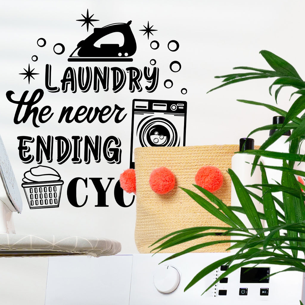 1pc Humorous laundry quote sticker 'Laundry: The Endless Cycle, ' featuring retro appliance designs, perfect for laundry room decor, home organization accents, and adding a touch of playful aesthetics.