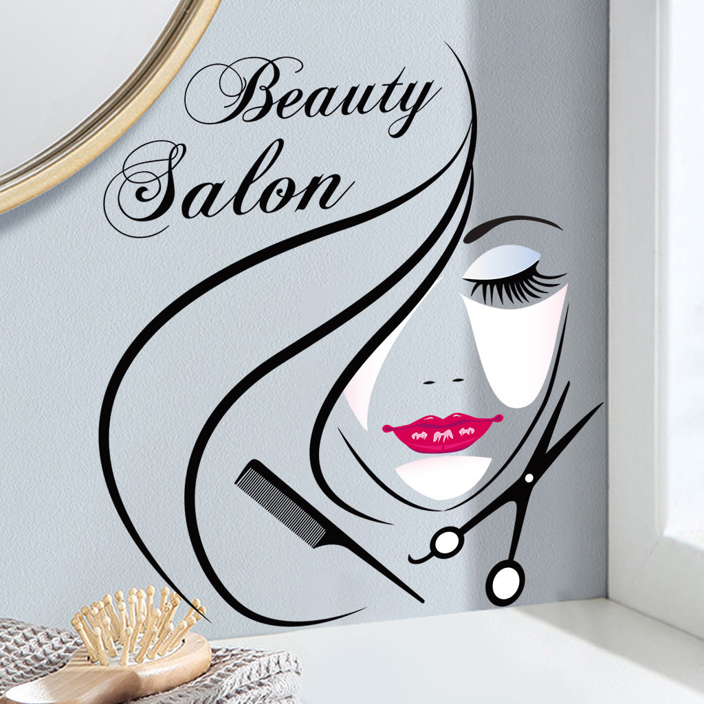 1pc Elegant beauty salon stickers, stylish hairstyle, beauty scissors and comb design, perfect for salon decoration, fashionable art accents, adding an artistic atmosphere, self-adhesive and removable wall stickers