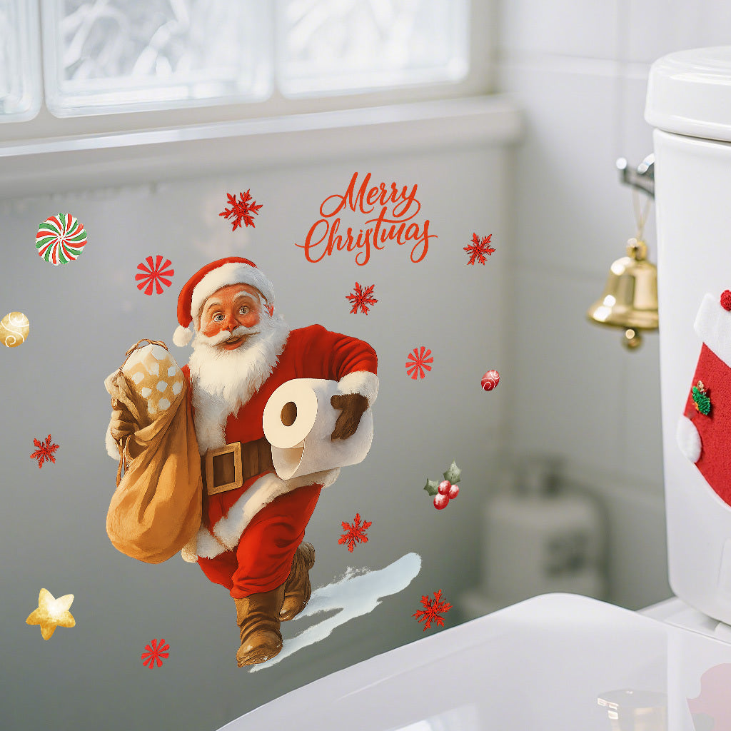 A set of Santa Claus toilet stickers holding gifts and toilet paper, suitable for home decoration, outdoor decoration, glass decoration, etc. Self-adhesive, removable, waterproof, creative DIY stickers.