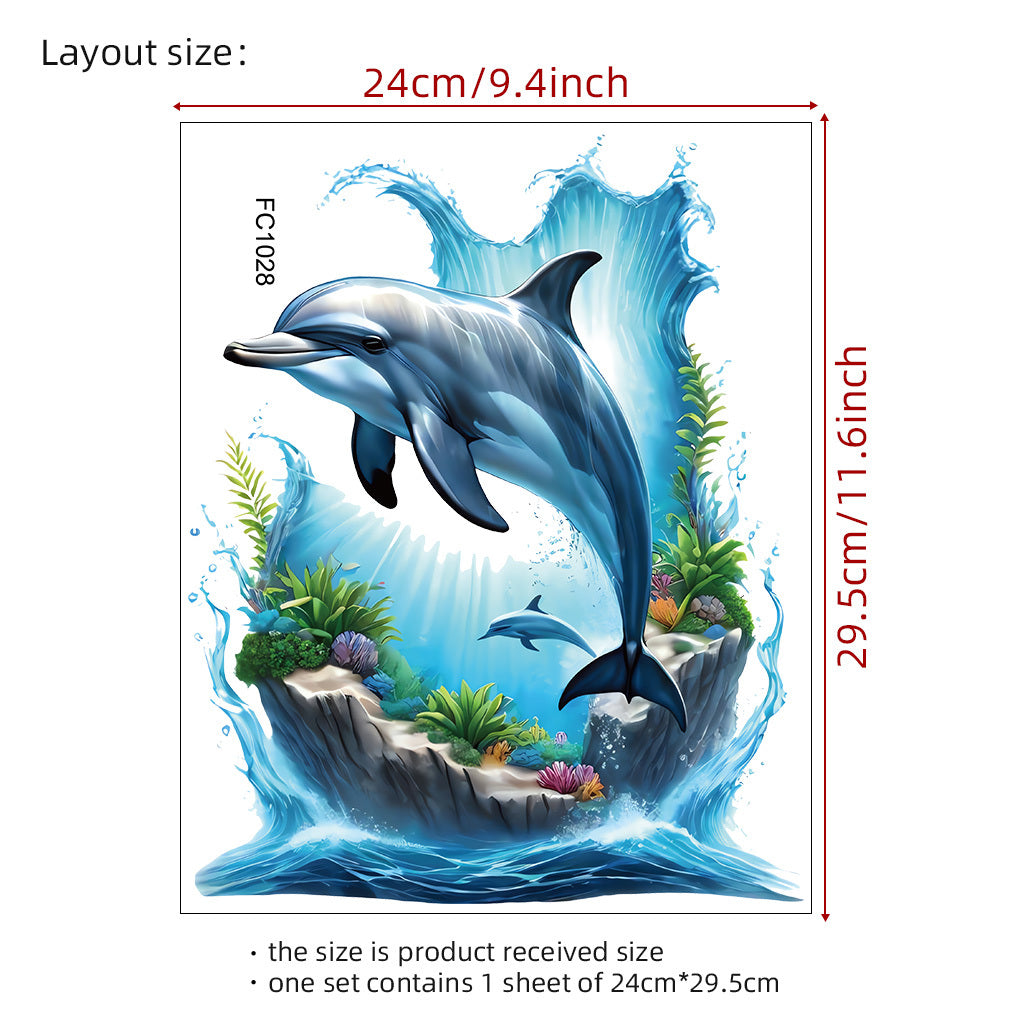1pc Lifelike dolphin underwater scene stickers, realistic marine mammals with coral reef waves, perfect for ocean-themed decoration, marine art accents, self-adhesive, removable, and waterproof wall decals