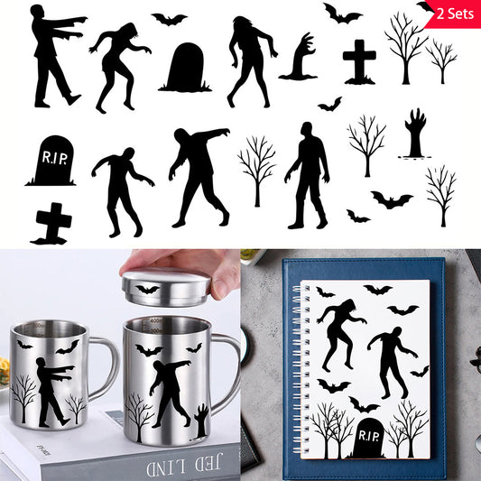 2套 万圣节剪影丧尸转印水晶贴纸 使用于水杯 电脑 玻璃 金属等装饰水晶贴纸 自粘防水可拆卸UV DTF水晶贴纸