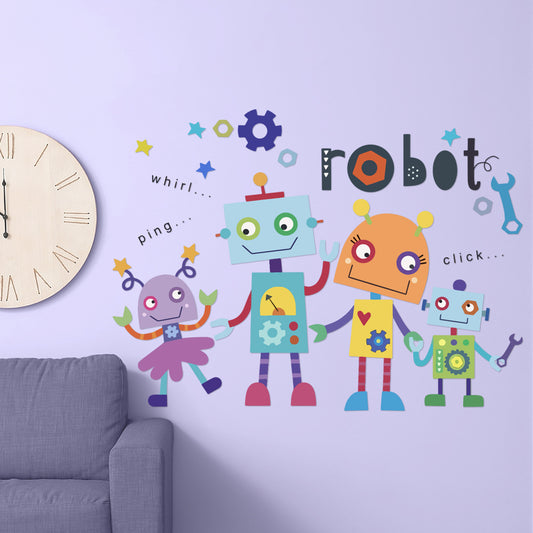 1套 童趣机器人乐园墙贴，多彩卡通机器人组队，配齿轮、“robot” 字样，贴于卧室、游戏区，为空间添科幻童趣氛围与互动感。