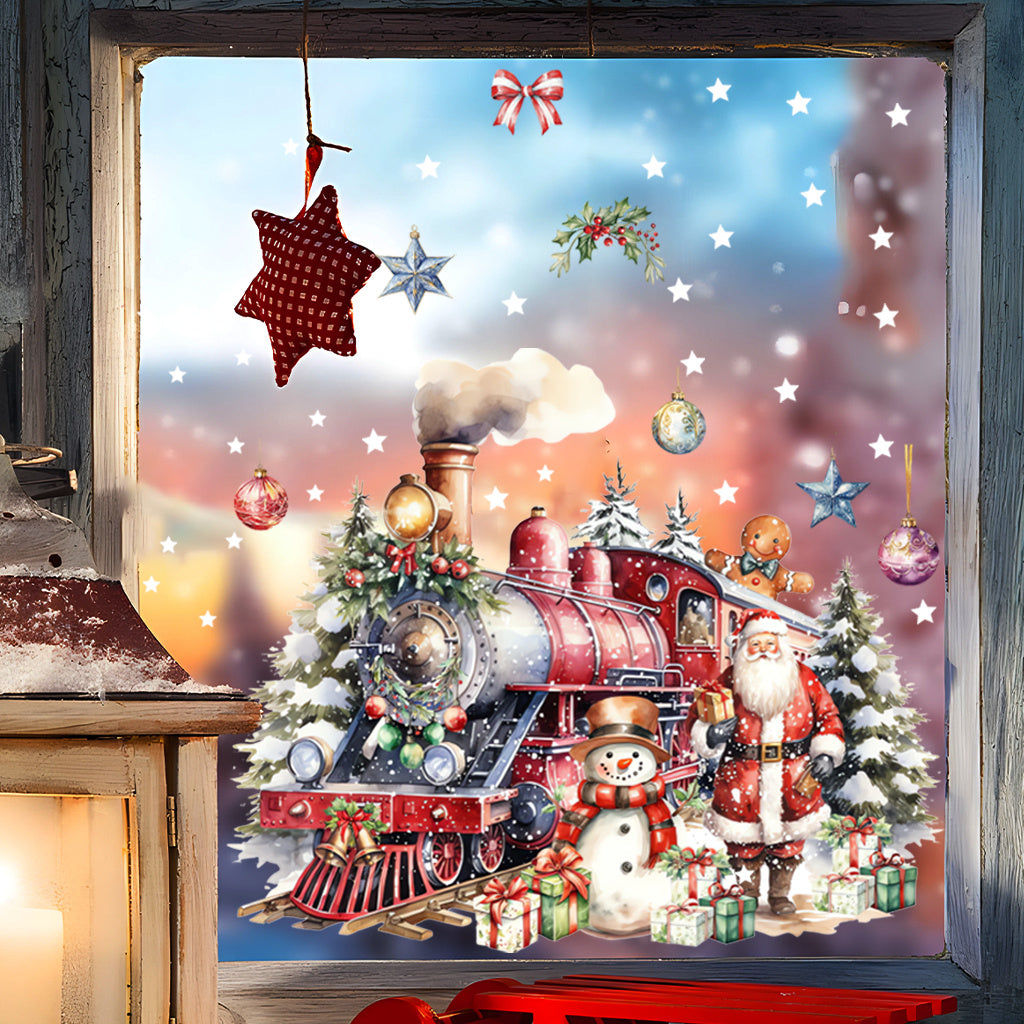 A set of Christmas Dream Train Toilet Sticker: A red train full of festive atmosphere, accompanied by Santa Claus and snowmen, surrounded by gifts and decorations, like a fairy tale scene, adding Christmas fun to the bathroom.