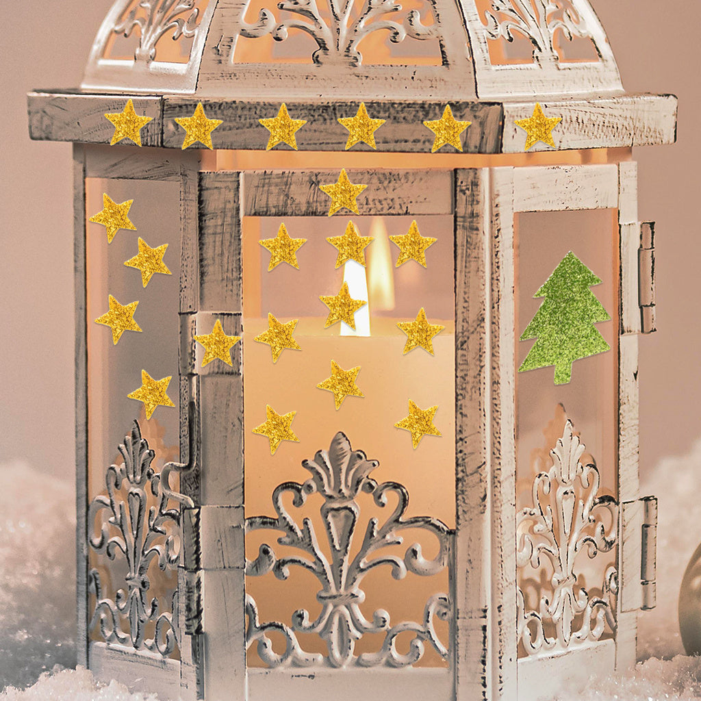 4PCS 2 sets of Christmas trees and stars crystal standard UV DTF transfer sticker sets, perfect for adding a charming seasonal atmosphere to glass jars and space decorations. Self-adhesive, removable, and waterproof stickers.