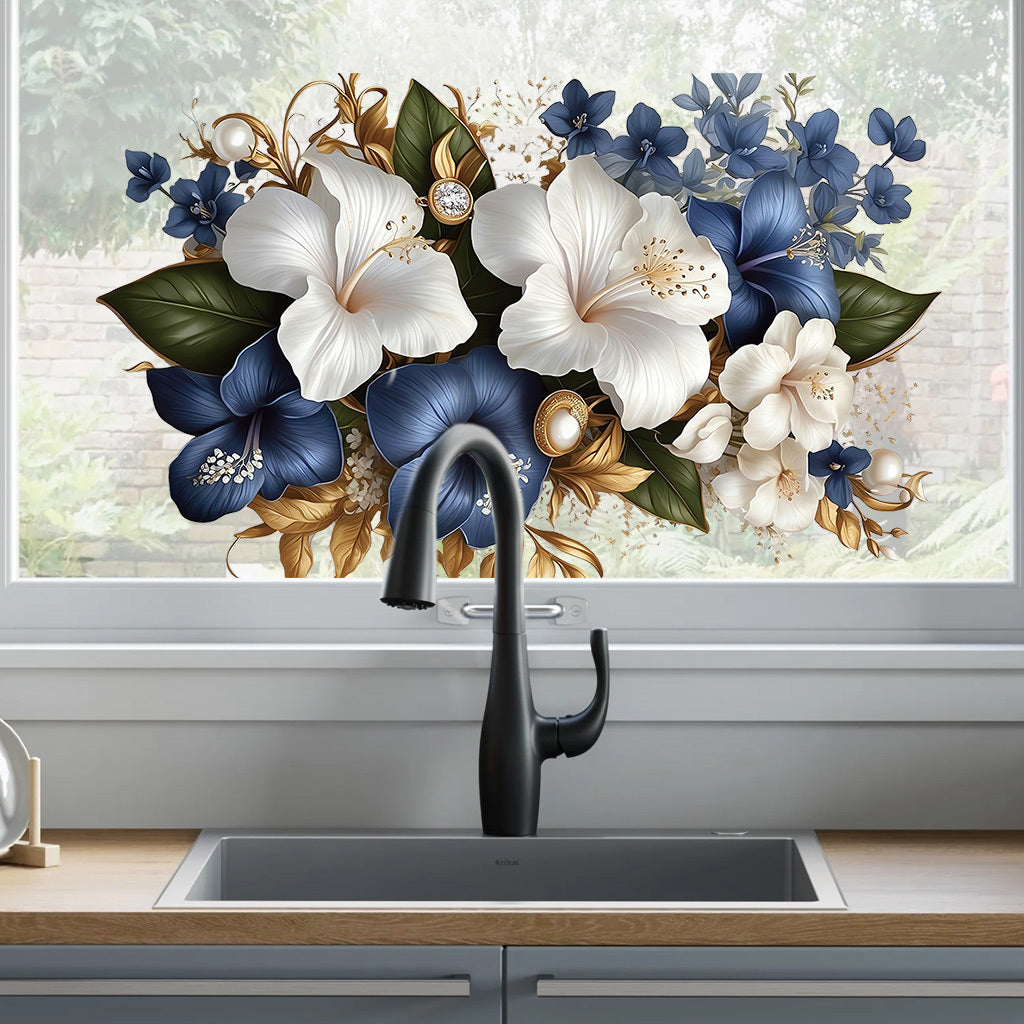 1pc Luxury Blue White Floral Sticker with Gold Accents Opulent Hibiscus Bouquet with Pearls Gems, Perfect for Elegant Decor, Sophisticated Art Accents Glamorous Aesthetic Enhancements