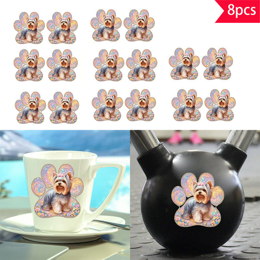 8pcs Cute Yorkshire Terrier in Colorful Dog Paw Prints UV DTF Crystal Label Transfer Sticker Set - Floral and Sparkling Designs, Adds a Cozy Atmosphere for Pet Lovers, Suitable for Glass Jars and Space Decorations, Item Decoration, Self-Adhesive, Removabl