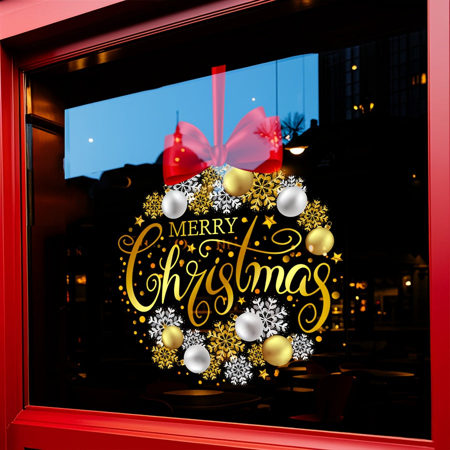 A set of Elegant Christmas decorations, glass stickers with a gorgeous gold and red bow design, featuring the words 'Merry Christmas, ' add a luxurious and festive touch to home decor. They are statically adhered, waterproof, and reusable.