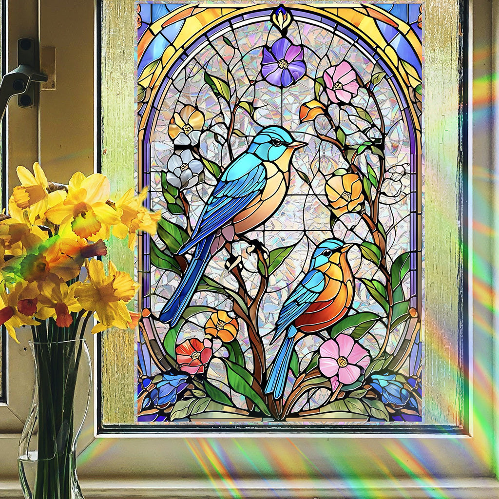 1套 彩绘花鸟静电膜：教堂玻璃风花鸟与繁花图案，光线折射出彩虹流光，贴门窗秒变艺术橱窗，为居家空间注入自然生机与复古美学，让每寸光影都成浪漫诗行