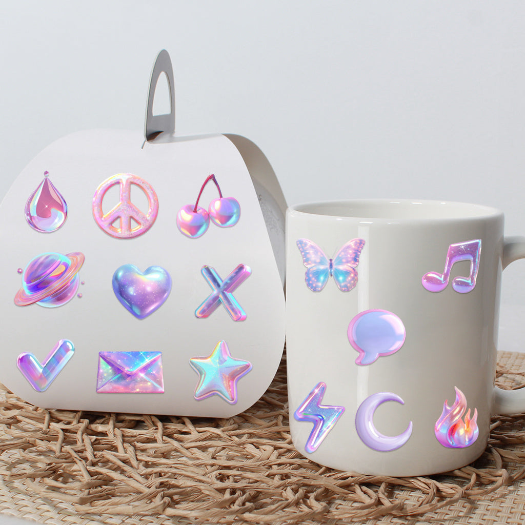 3pcs Pastel Fashion Icons UV DTF Crystal Sticker Set with vibrant rainbow shimmer symbol designs, perfect for decoration and fashion accents. Enhances modern aesthetics with self-adhesive waterproof transfer stickers.