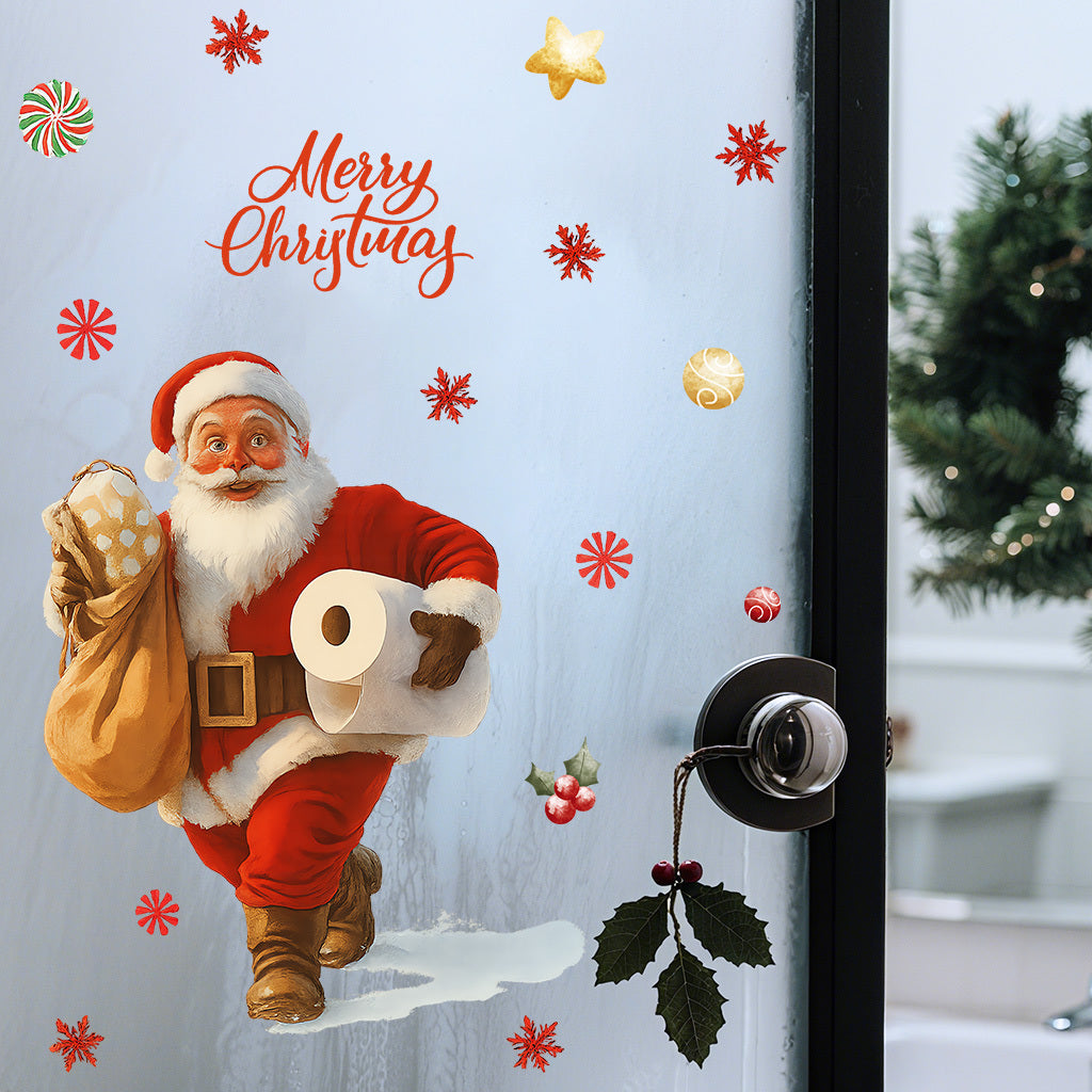 A set of Santa Claus toilet stickers holding gifts and toilet paper, suitable for home decoration, outdoor decoration, glass decoration, etc. Self-adhesive, removable, waterproof, creative DIY stickers.
