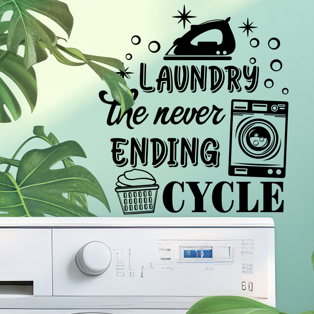 1pc Humorous laundry quote sticker 'Laundry: The Endless Cycle, ' featuring retro appliance designs, perfect for laundry room decor, home organization accents, and adding a touch of playful aesthetics.