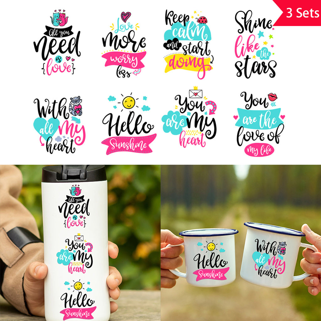 3套 彩色潮流朋克 时尚前卫文字转印水晶标贴纸 励志贴纸UV DTF转印贴纸 适用于水杯 咖啡杯 玻璃等装饰 半哑光自粘乙烯基贴纸