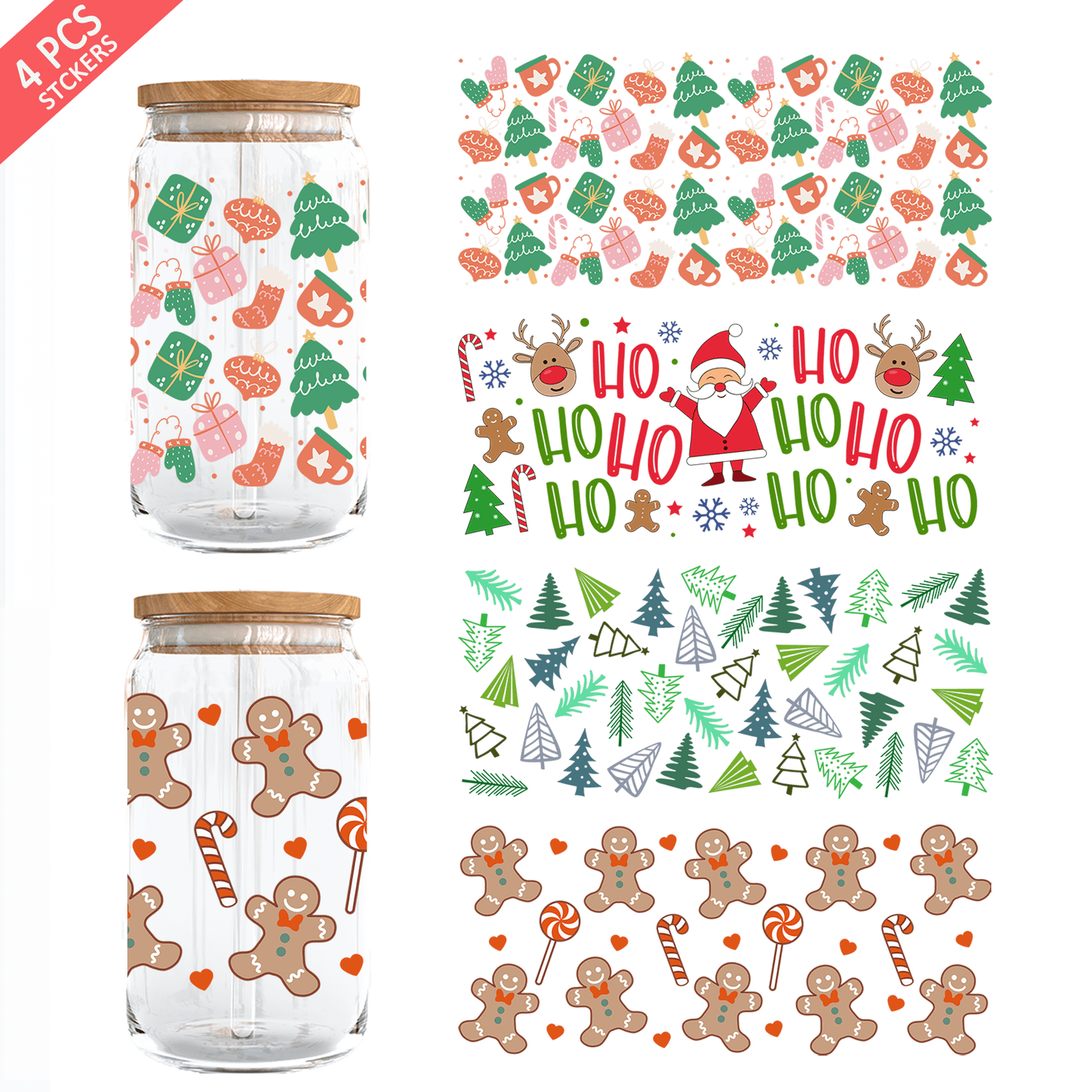 1 set of 4pcs Christmas UV DTF Cup Wrap For 16oz Libbey Glass - Waterproof 3D Crystal Transfer Sticker For DIY Crafting, Mugs, Laptops