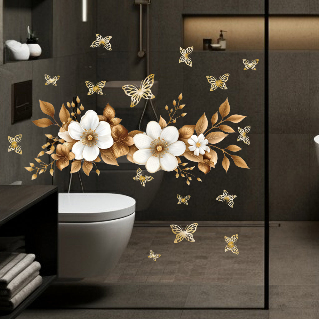 1pc Luxurious gold floral butterfly stickers, self-adhesive wall decals with gorgeous white flowers, gilded leaves, and butterflies, perfect for elegant decoration, exquisite art accents, and charming aesthetic enhancement.