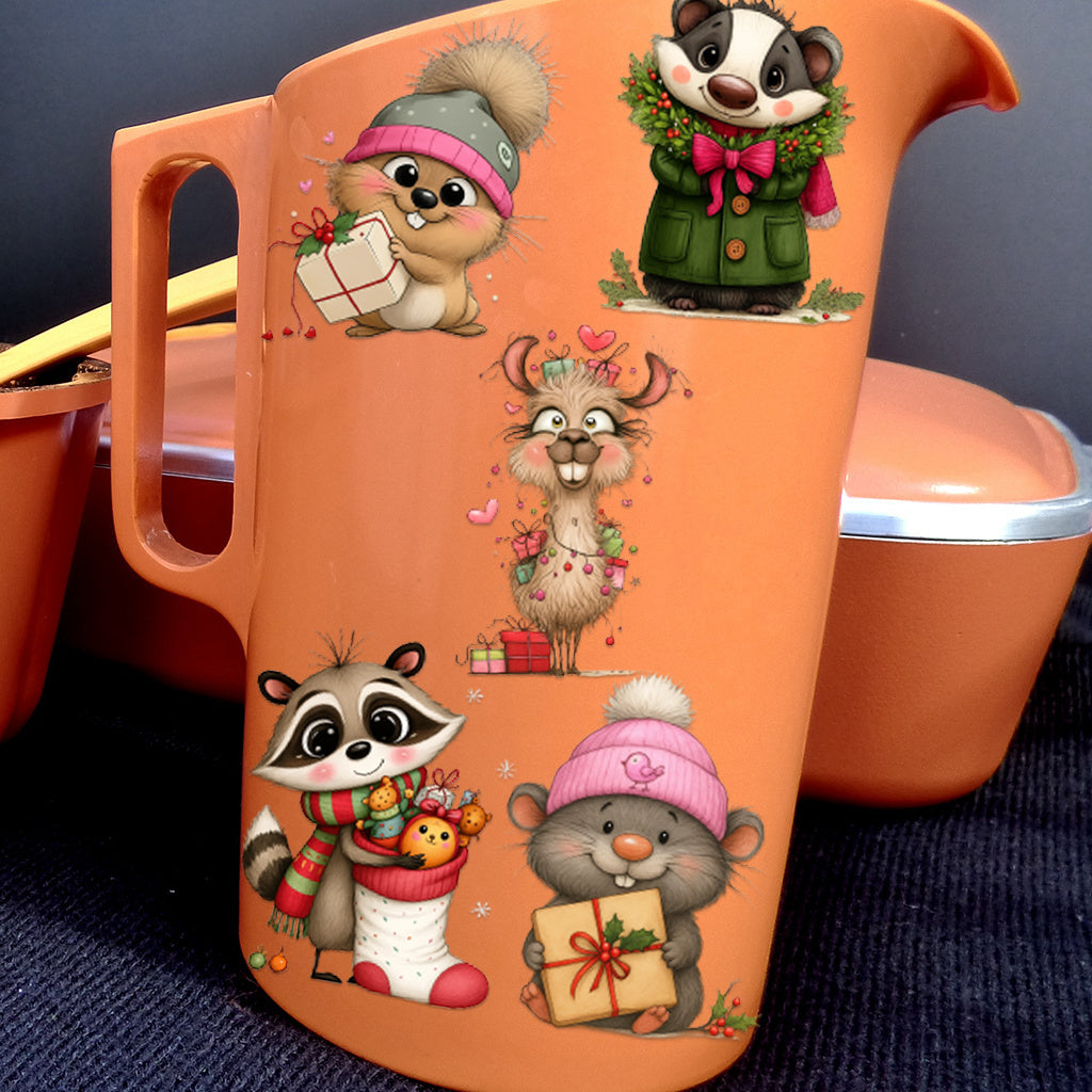2pcs Cute cartoon Christmas animal UV DTF Crystal label transfer sticker series - Charming squirrel, badger, alpaca and raccoon designs, perfectly adding a festive and artistic atmosphere to glass jars and adult holiday home decoration Spaces. Self-adhesi