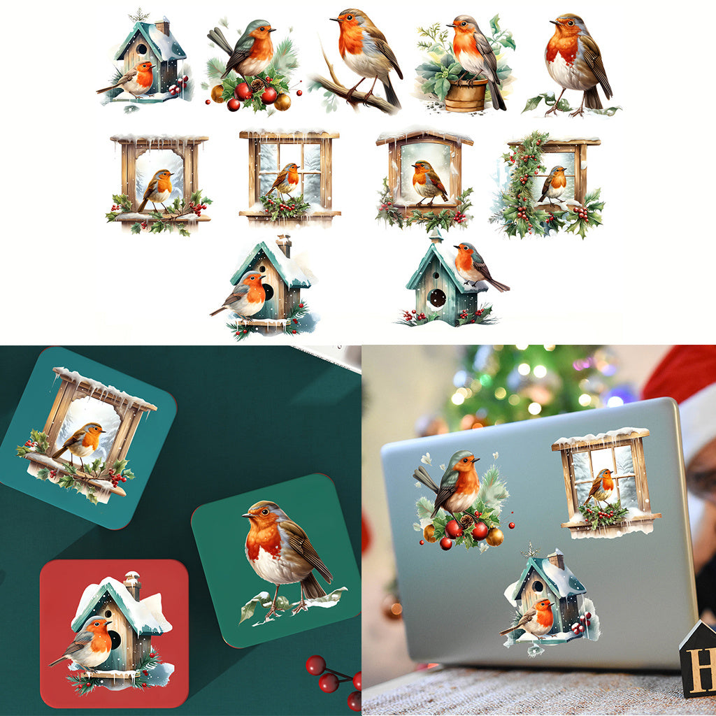 1套 冬日可爱知更鸟转印水晶表贴纸 3D 水晶设计 UV DTF 转印贴纸 办公室和家用 16 盎司字母玻璃杯 咖啡杯贴纸 DIY 包裹转移贴纸