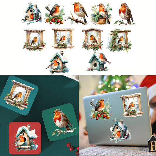 1套 冬日可爱知更鸟转印水晶表贴纸 3D 水晶设计 UV DTF 转印贴纸 办公室和家用 16 盎司字母玻璃杯 咖啡杯贴纸 DIY 包裹转移贴纸