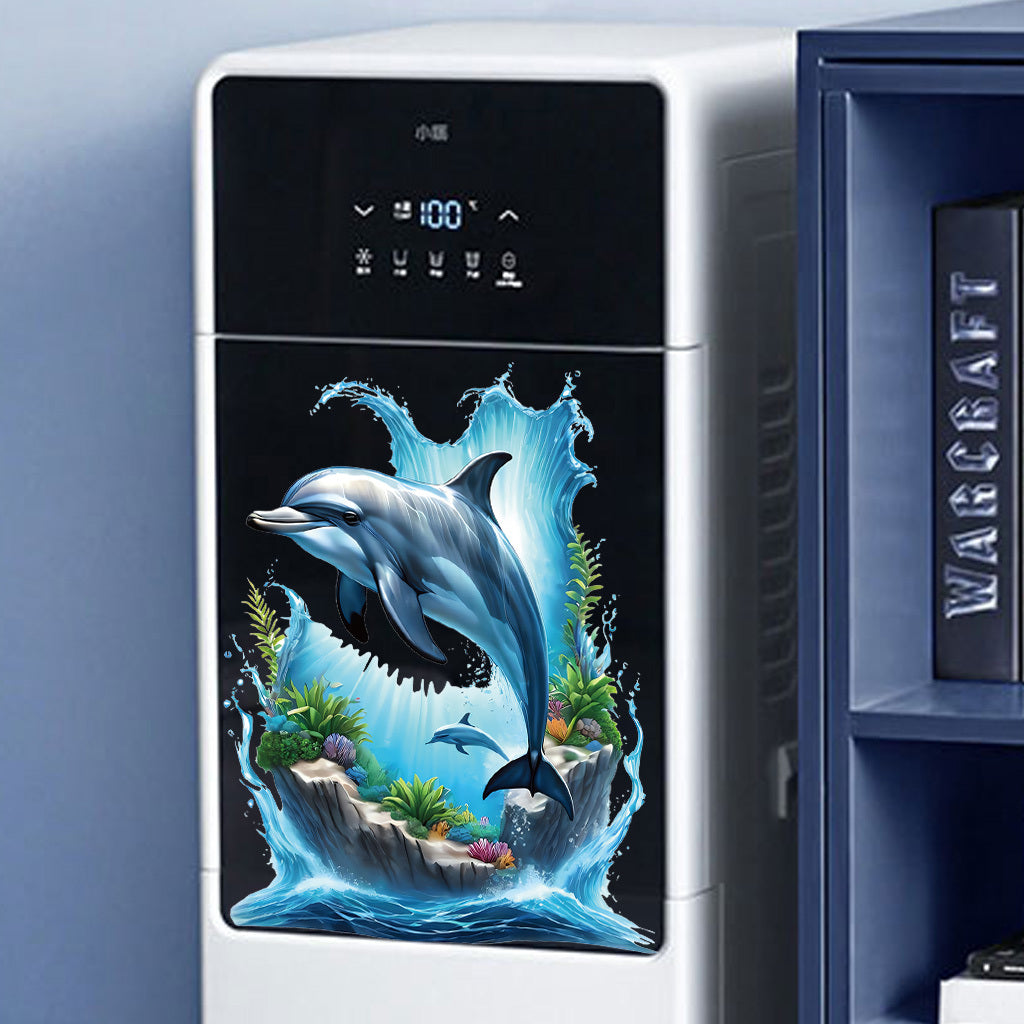 1pc Lifelike dolphin underwater scene stickers, realistic marine mammals with coral reef waves, perfect for ocean-themed decoration, marine art accents, self-adhesive, removable, and waterproof wall decals