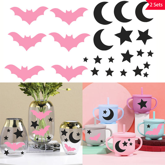 2套 万圣节 粉色蝙蝠和黑色星星月亮转印水晶标贴纸 UV DTF 转印贴纸办公室和家用 玻璃杯 咖啡杯 3D diy创意贴纸 增添趣味性与活力